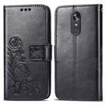 For LG Stylo 5 Four-leaf Clasp Embossed Buckle Mobile Phone Protection Leather Case with Lanyard & Card Slot & Wallet & Bracket Function(Black)
