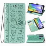 For Huawei Y6P Cute Cat and Dog Embossed Horizontal Flip Leather Case with Bracket / Card Slot / Wallet / Lanyard(Green)