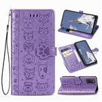 For OPPO A52/A72/A92 Cute Cat and Dog Embossed Horizontal Flip Leather Case with Bracket / Card Slot / Wallet / Lanyard(Purple)