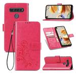 For LG K61 Four-leaf Clasp Embossed Buckle Mobile Phone Protection Leather Case with Lanyard & Card Slot & Wallet & Bracket Function(Magenta)