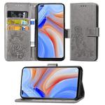 For OPPO Reno4 Four-leaf Clasp Embossed Buckle Mobile Phone Protection Leather Case with Lanyard & Card Slot & Wallet & Bracket Function(Gray)