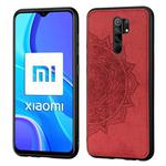 For Xiaomi Redmi 9 Mandala Embossed Cloth Cover PC + TPU Mobile Phone Case with Magnetic Function and Hand Strap(Red)