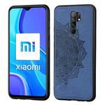 For Xiaomi Redmi 9 Mandala Embossed Cloth Cover PC + TPU Mobile Phone Case with Magnetic Function and Hand Strap(Blue)