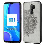 For Xiaomi Redmi 9 Mandala Embossed Cloth Cover PC + TPU Mobile Phone Case with Magnetic Function and Hand Strap(Gray)