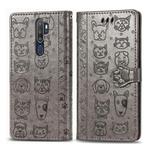 For OPPO A5 (2020) / A9 (2020) Cute Cat and Dog Embossed Horizontal Flip Leather Case with Holder & Card Slots & Wallet & Cartoon Clasp & Lanyard(Gray)