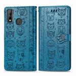 For Huawei Y8S Cute Cat and Dog Embossed Horizontal Flip Leather Case with Holder & Card Slots & Wallet & Cartoon Clasp & Lanyard(Blue)