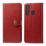 For Samsung Galaxy A21 U.S. Edition Retro Solid Color Leather Buckle Phone Case with Lanyard & Photo Frame & Card Slot & Wallet & Stand Function(Red)