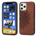 For iPhone 12 / 12 Pro Mandala Embossed Cloth Cover PC + TPU Mobile Phone Case with Magnetic Function and Hand Strap(Brown)