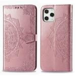 For iPhone 12 / 12 Pro Halfway Mandala Embossing Pattern Horizontal Flip Leather Case with Holder & Card Slots & Wallet & Lanyard(Rose Gold)