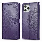 For iPhone 12 / 12 Pro Halfway Mandala Embossing Pattern Horizontal Flip Leather Case with Holder & Card Slots & Wallet & Lanyard(Purple)