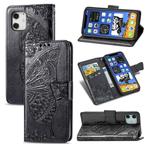 For iPhone 12 / 12 Pro Butterfly Love Flower Embossed Horizontal Flip Leather Case with Bracket / Card Slot / Wallet / Lanyard(Black)
