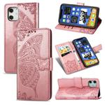 For iPhone 12 / 12 Pro Butterfly Love Flower Embossed Horizontal Flip Leather Case with Bracket / Card Slot / Wallet / Lanyard(Rose Gold)