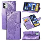 For iPhone 12 / 12 Pro Butterfly Love Flower Embossed Horizontal Flip Leather Case with Bracket / Card Slot / Wallet / Lanyard(Light Purple)