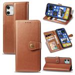 For iPhone 12 mini Retro Solid Color Leather Buckle Phone Case with Lanyard & Photo Frame & Card Slot & Wallet & Stand Function(Brwon)