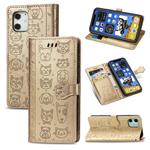 For iPhone 12 Pro Max Cute Cat and Dog Embossed Horizontal Flip Leather Case with Holder & Card Slots & Wallet & Lanyard(Gold)