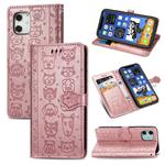 For iPhone 12 Pro Max Cute Cat and Dog Embossed Horizontal Flip Leather Case with Holder & Card Slots & Wallet & Lanyard(Rose Gold)