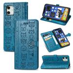 For iPhone 12 mini Cute Cat and Dog Embossed Horizontal Flip Leather Case with Holder & Card Slots & Wallet & Lanyard(Blue)