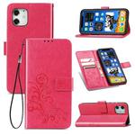 For iPhone 12 / 12 Pro Four-leaf Clasp Embossed Buckle Mobile Phone Protection Leather Case with Lanyard & Card Slot & Wallet & Bracket Function(Magenta)