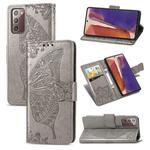 For Samsung Galaxy Note 20 Butterfly Love Flower Embossed Horizontal Flip Leather Case with Bracket / Card Slot / Wallet / Lanyard(Grey)