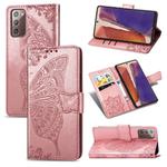 For Samsung Galaxy Note 20 Butterfly Love Flower Embossed Horizontal Flip Leather Case with Bracket / Card Slot / Wallet / Lanyard(Rose Gold)