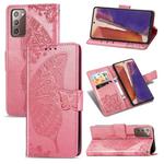 For Samsung Galaxy Note 20 Butterfly Love Flower Embossed Horizontal Flip Leather Case with Bracket / Card Slot / Wallet / Lanyard(Pink)