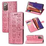 For Samsung Galaxy Note20 Cute Cat and Dog Embossed Horizontal Flip Leather Case with Bracket / Card Slot / Wallet / Lanyard(Pink)