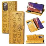 For Samsung Galaxy Note20 Cute Cat and Dog Embossed Horizontal Flip Leather Case with Bracket / Card Slot / Wallet / Lanyard(Yellow)
