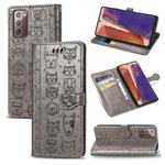 For Samsung Galaxy Note20 Cute Cat and Dog Embossed Horizontal Flip Leather Case with Bracket / Card Slot / Wallet / Lanyard(Grey)