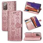 For Samsung Galaxy Note20 Cute Cat and Dog Embossed Horizontal Flip Leather Case with Bracket / Card Slot / Wallet / Lanyard(Rose Gold)