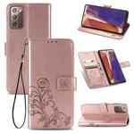 For Samsung Galaxy Note20 Four-leaf Clasp Embossed Buckle Mobile Phone Protection Leather Case with Lanyard & Card Slot & Wallet & Bracket Function(Rose Gold)