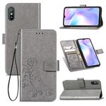 For Xiaomi Redmi 9A Four-leaf Clasp Embossed Buckle Horizontal Flip TPU + PU Leather Case with Lanyard & Card Slot & Wallet & Holder(Gray)