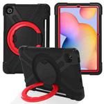 For Samsung Galaxy Tab S6 Lite P610 PC + Silicone Shockproof Combination Case with 360 Degree Rotating Holder & Handle & Pen Slot(Black + Red)