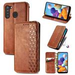 For Samsung Galaxy A21 (US Version) Cubic Grid Pressed Horizontal Flip Magnetic Leather Case with Holder & Card Slots & Wallet(Brown)