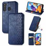 For Samsung Galaxy A21 (US Version) Cubic Grid Pressed Horizontal Flip Magnetic Leather Case with Holder & Card Slots & Wallet(Blue)