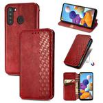 For Samsung Galaxy A21 (US Version) Cubic Grid Pressed Horizontal Flip Magnetic Leather Case with Holder & Card Slots & Wallet(Red)