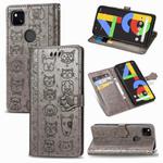 For Google Pixel 4A Cute Cat and Dog Embossed Horizontal Flip Leather Case with Bracket / Card Slot / Wallet / Lanyard(Gray)