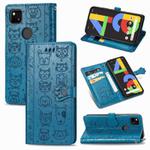 For Google Pixel 4A Cute Cat and Dog Embossed Horizontal Flip Leather Case with Bracket / Card Slot / Wallet / Lanyard(Blue)