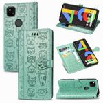 For Google Pixel 4A Cute Cat and Dog Embossed Horizontal Flip Leather Case with Bracket / Card Slot / Wallet / Lanyard(Green)