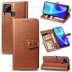 For OPPO Realme C15 Retro Solid Color Leather Buckle Phone Case with Lanyard & Photo Frame & Card Slot & Wallet & Stand Function(Brwon)
