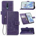 For OnePlus 8 Four-leaf Clasp Embossed Buckle PU Leather Case with Holder & Card Slots & Wallet & Hand Strap(Purple)