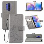For OnePlus 8 Pro Four-leaf Clasp Embossed Buckle PU Leather Case with Holder & Card Slots & Wallet & Hand Strap(Grey)