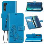 For Motorola Edge Four-leaf Clasp Embossed Buckle Mobile Phone Protection Leather Case with Lanyard & Card Slot & Wallet & Bracket Function(Blue)