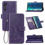 For Motorola Edge Four-leaf Clasp Embossed Buckle Mobile Phone Protection Leather Case with Lanyard & Card Slot & Wallet & Bracket Function(Purple)