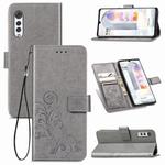 For LG Velvet 5G Four-leaf Clasp Embossed Buckle Mobile Phone Protection Leather Case with Lanyard & Card Slot & Wallet & Bracket Function(Gray)