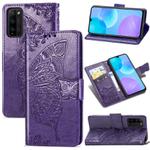 For Huawei Honor 30 Lite Butterfly Love Flower Embossed Horizontal Flip Leather Case with Holder & Card Slots & Wallet & Lanyard(Dark Purple)