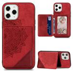 For iPhone 12 / 12 Pro Mandala Embossed Magnetic Cloth Case with Holder & Card Slots & Wallet & Photo Frame(Red)