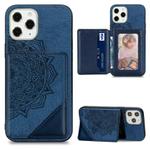 For iPhone 12 Pro Max Mandala Embossed Magnetic Cloth Case with Holder & Card Slots & Wallet & Photo Frame(Blue)
