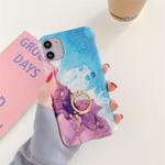 For iPhone 12 / 12 Pro Ocean Wave Coral IMD TPU Smooth Marble Mobile Phone Protective Case with Ring Metal Rhinestone Holder(Purple SZ5)