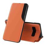 For Samsung Galaxy S10 Side Display Magnetic Shockproof Horizontal Flip Leather Case with Holder(Orange)