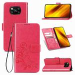 For Xiaomi Poco X3 NFC Four-leaf Clasp Embossed Buckle Mobile Phone Protection Leather Case with Lanyard & Card Slot & Wallet & Bracket Function(Magenta)